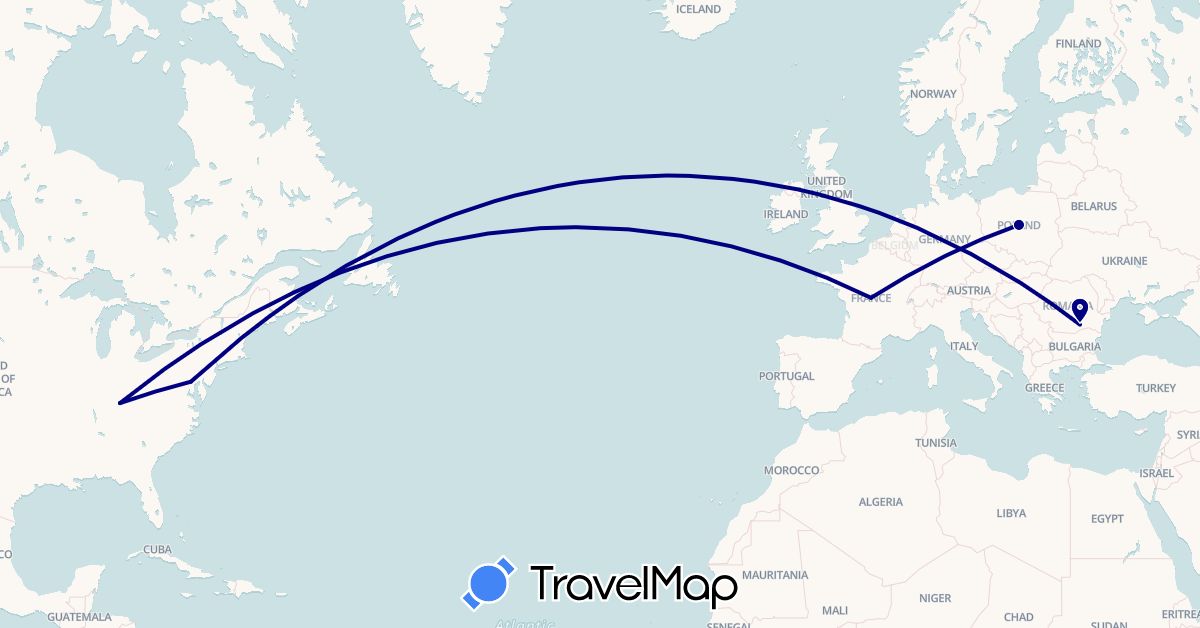 TravelMap itinerary: driving in France, Poland, Romania, United States (Europe, North America)